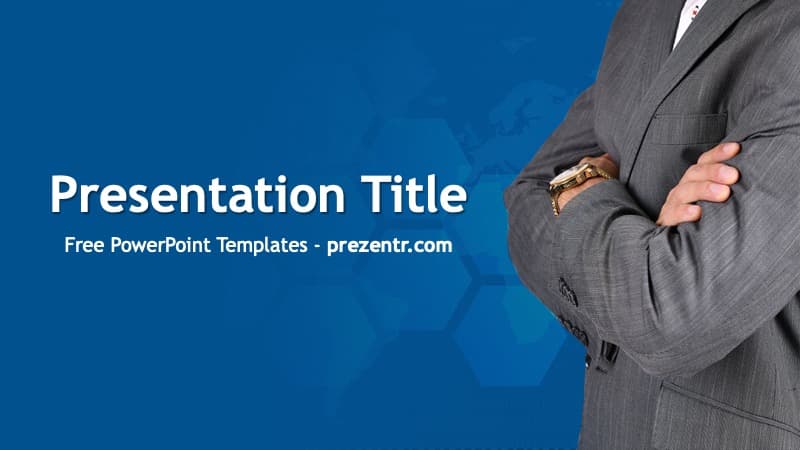 Global Business PowerPoint Template cover slide with blue background and businessman in gray suit