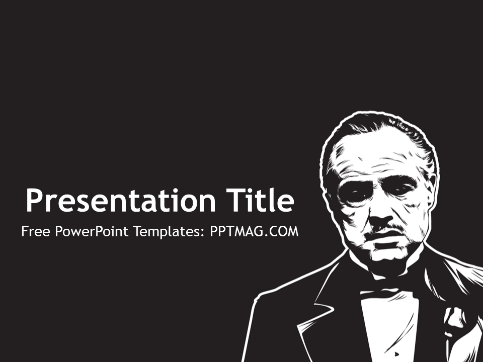 Godfather PowerPoint Template cover slide with black background, white text, and monochrome portrait illustration