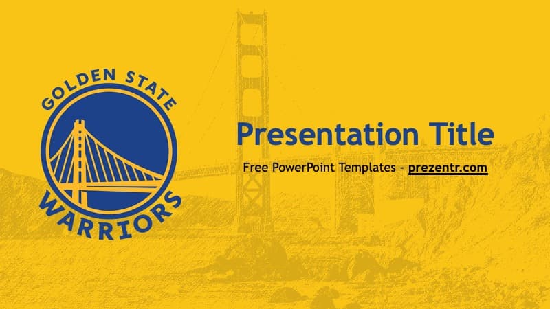 Golden State Warriors PowerPoint template cover slide with yellow background, blue circular logo, and Golden Gate Bridge