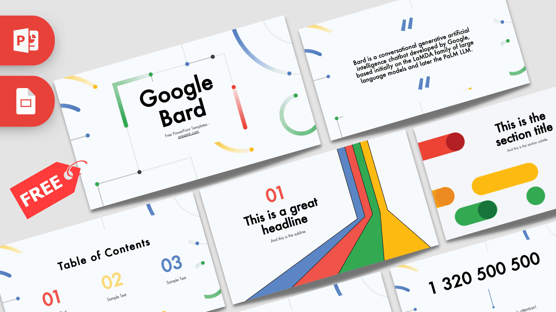 Google Bard PowerPoint template cover slide with colorful curved lines and geometric shapes in blue, red, yellow, and green