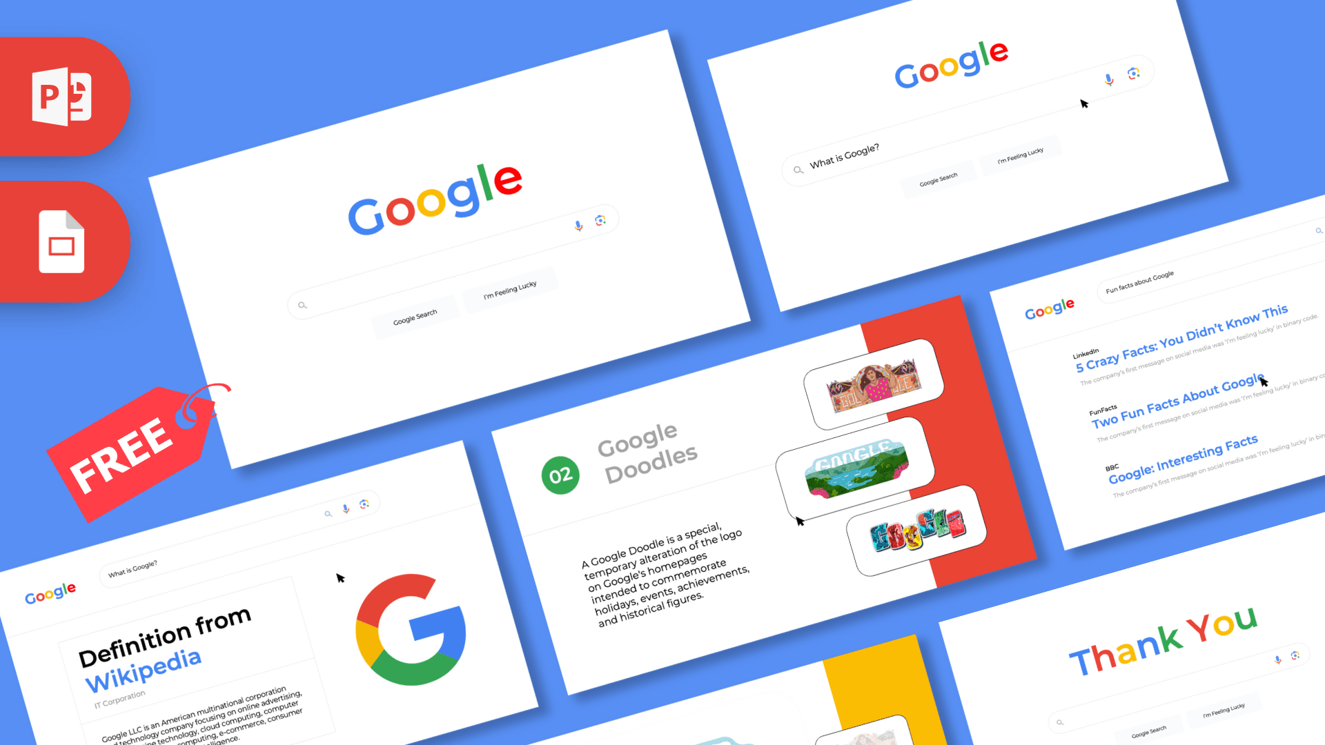 Google PowerPoint Template cover slide with blue background and white Google homepage mockups
