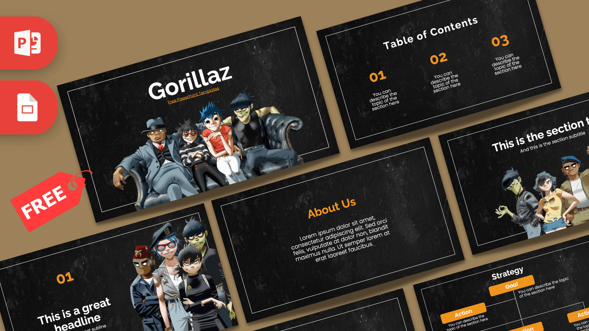 Gorillaz PowerPoint template cover slide with black background, animated band characters, and orange accents