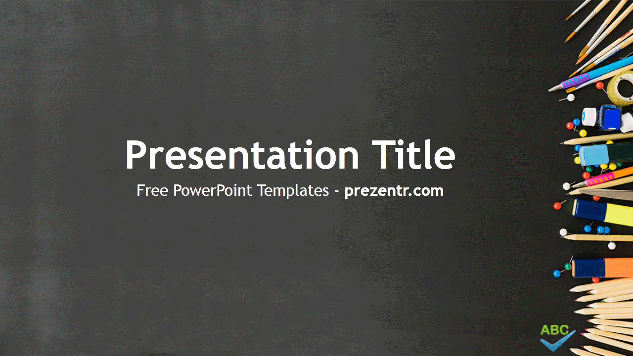 Grammar PowerPoint Template cover slide with dark chalkboard background and colorful school supplies on right edge