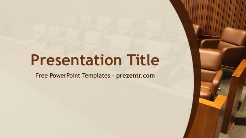 Grand Jury PowerPoint Template cover slide featuring warm brown tones, wooden courtroom seating, and elegant serif typography
