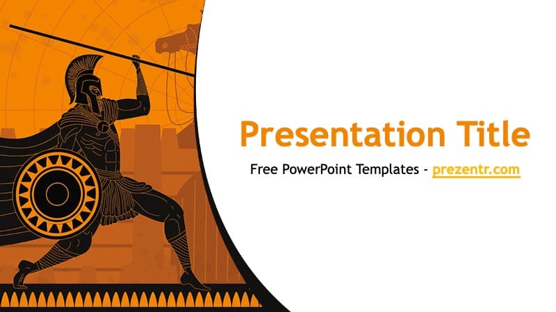 Greek Mythology PowerPoint Template cover slide featuring a warrior silhouette and orange color scheme