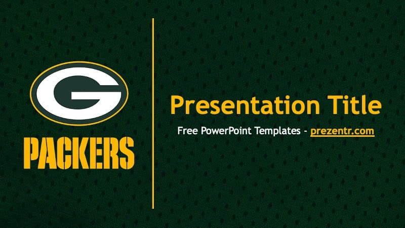 Green Bay Packers PowerPoint Template cover slide with team logo, gold and white text on dark green textured background