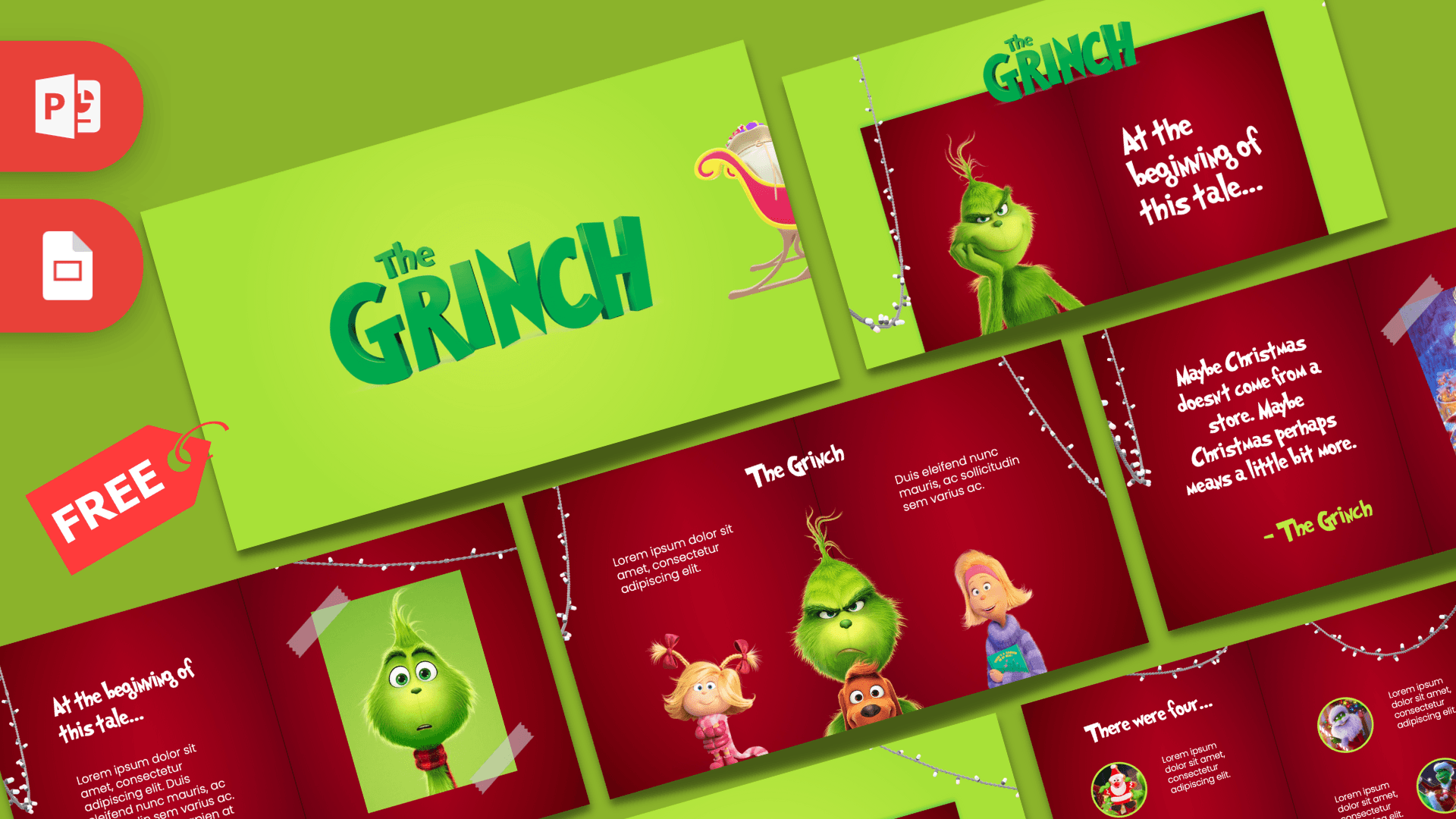 Animated Grinch PowerPoint Template with lime green and burgundy design featuring the green character and festive decorations