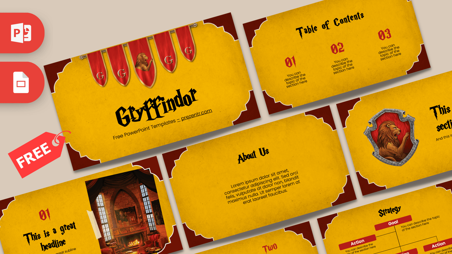Gryffindor PowerPoint template cover slide with gold background, red house banners, and dark maroon accents