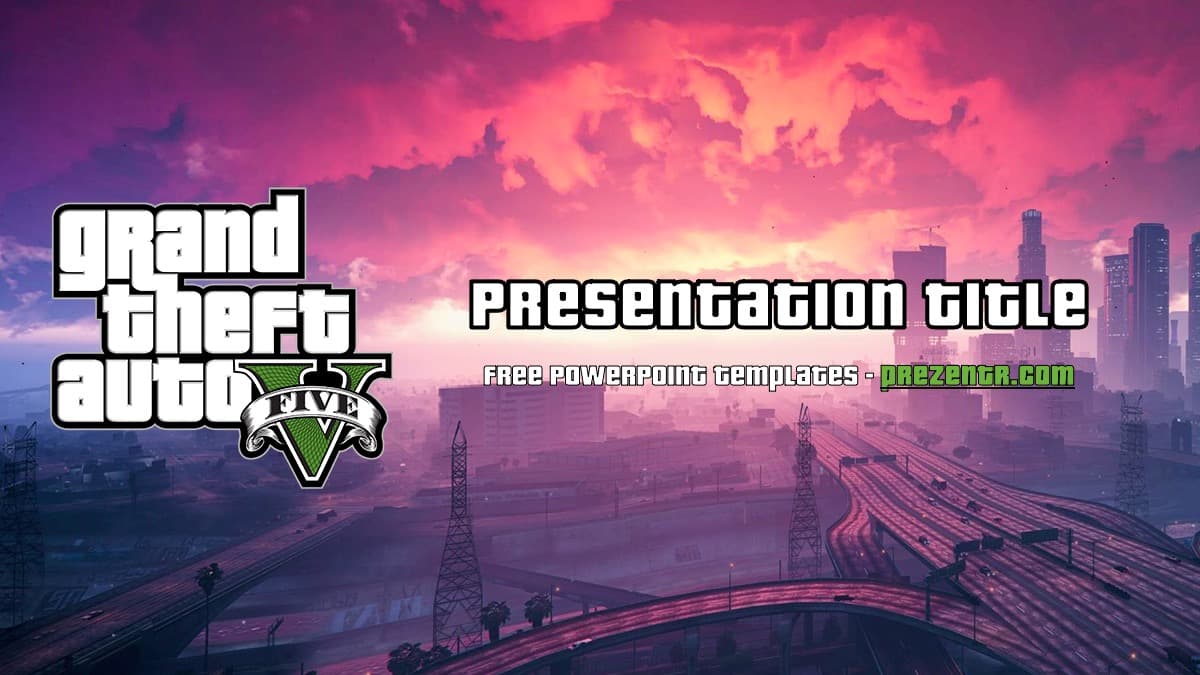 GTA V PowerPoint template cover slide with pink sunset sky and city skyline