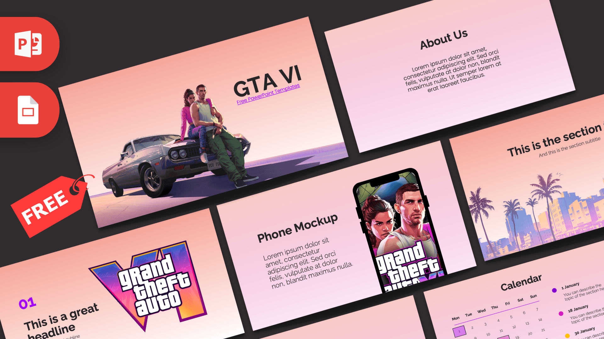 GTA VI PowerPoint template cover slide with pink gradient background, car imagery, and neon text layout