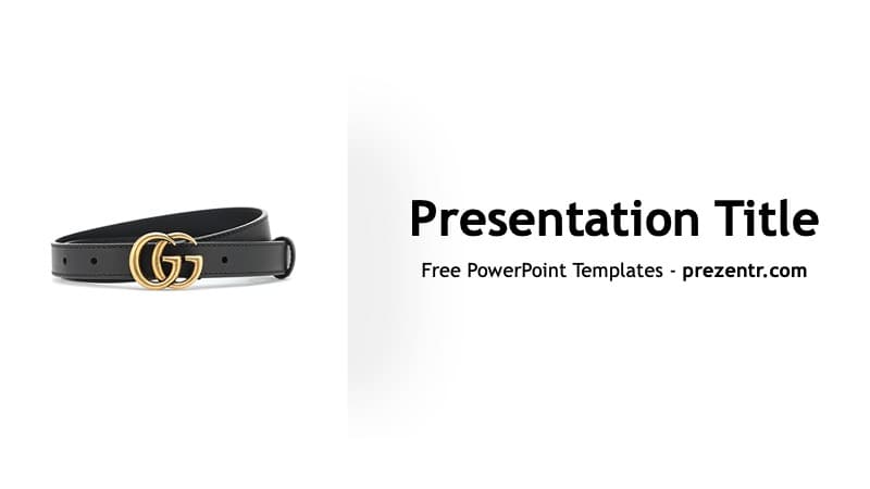 Gucci PowerPoint template cover slide with black leather belt and gold GG buckle on white background