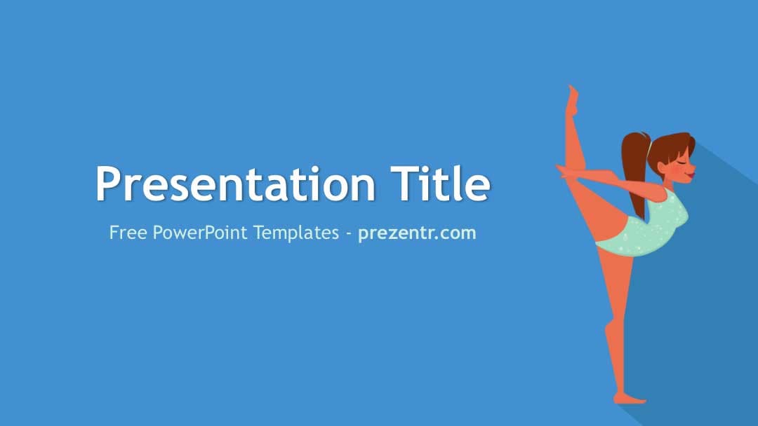 Gymnastics PowerPoint Template cover slide with blue background and illustrated female gymnast in orange and green