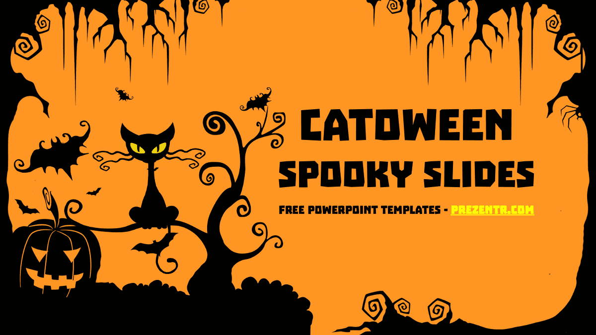 Halloween Cat PowerPoint Template cover slide with orange background, black silhouettes of cat, pumpkin, and bats