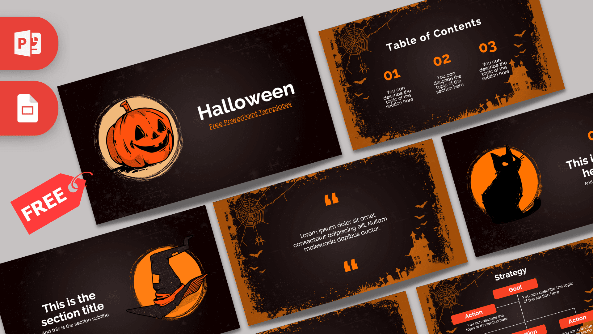 Dark Halloween PowerPoint template with orange jack-o'-lantern and black background