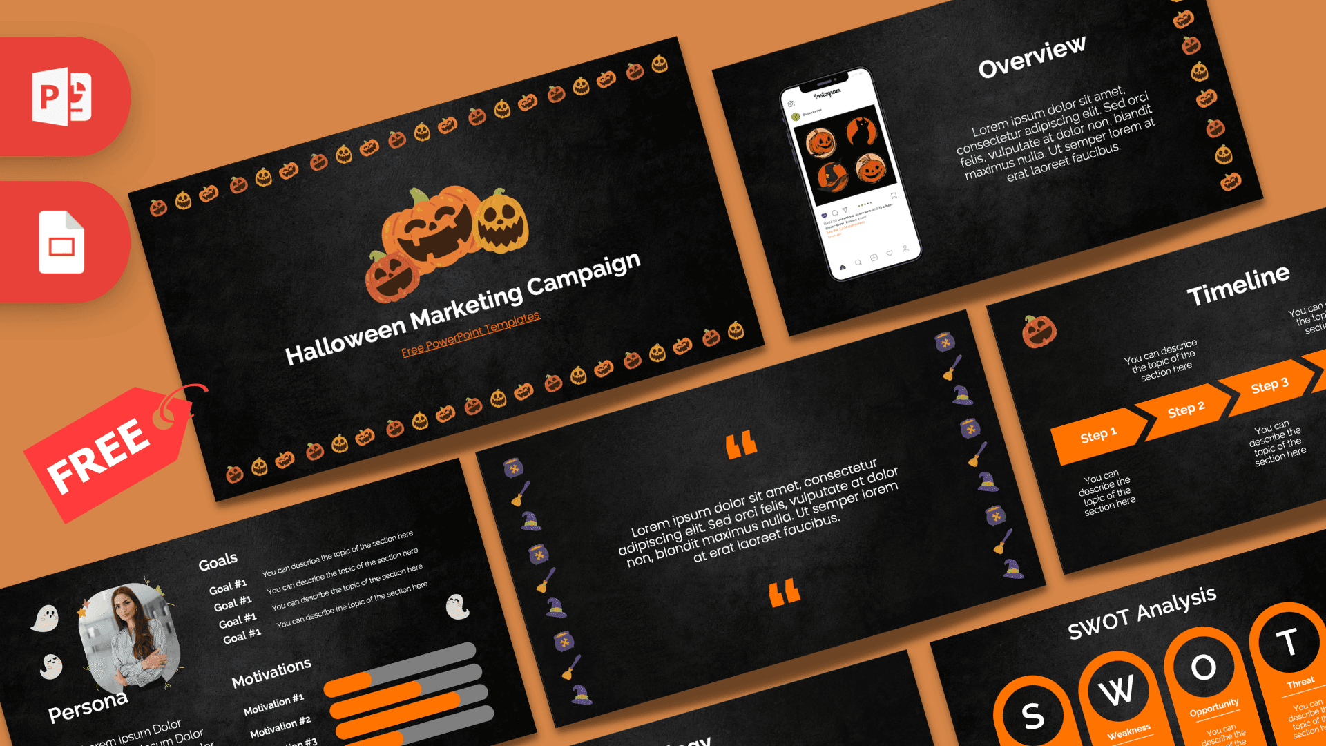 Halloween Marketing Campaign template with jack-o'-lantern graphics, black background, orange accents