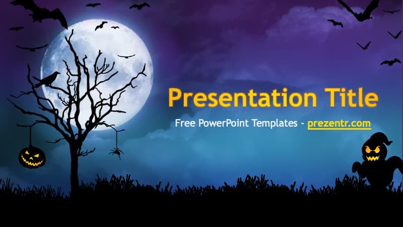 Halloween Night PowerPoint Template cover slide with full moon, dead tree, jack-o-lanterns, and bats against purple night sky