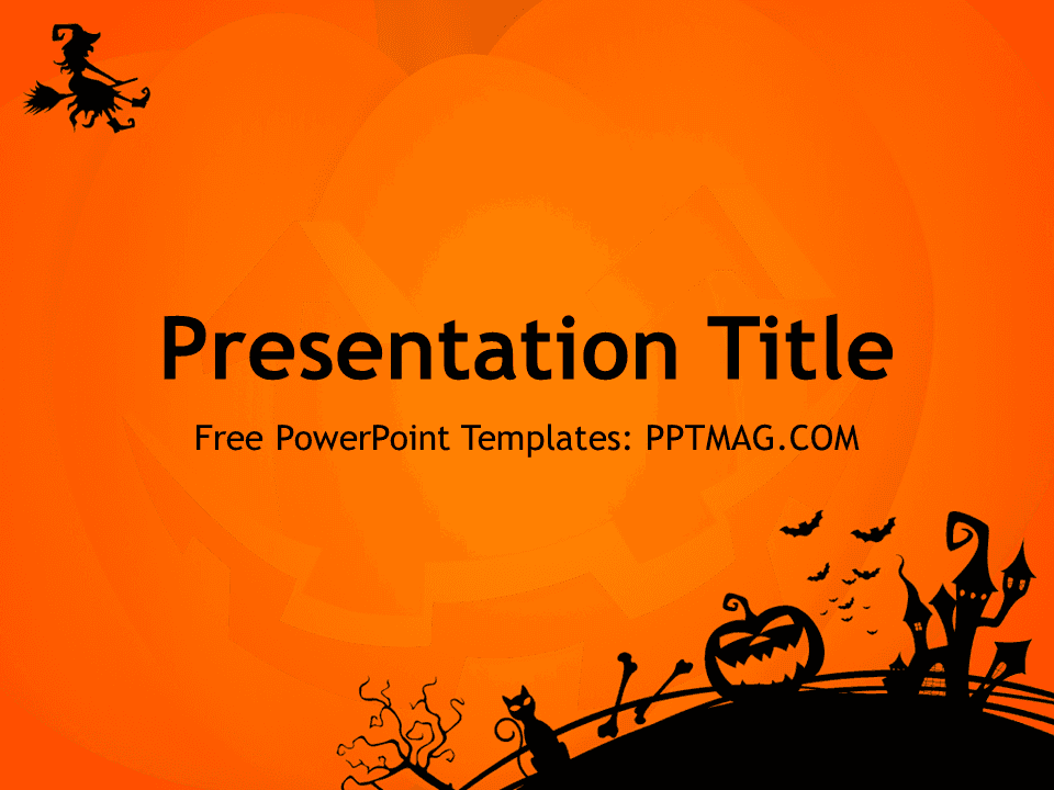 Halloween PowerPoint Template cover slide with orange background and black silhouette graphics