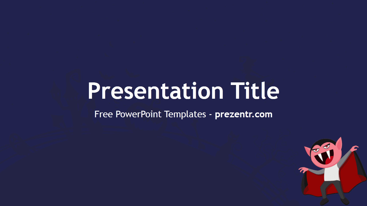 Halloween PowerPoint Template cover slide with dark blue background, white title text, and red cartoon devil character