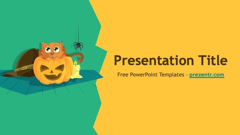Halloween Pumpkin template cover slide with orange jack-o-lantern, cat, and teal-yellow split layout