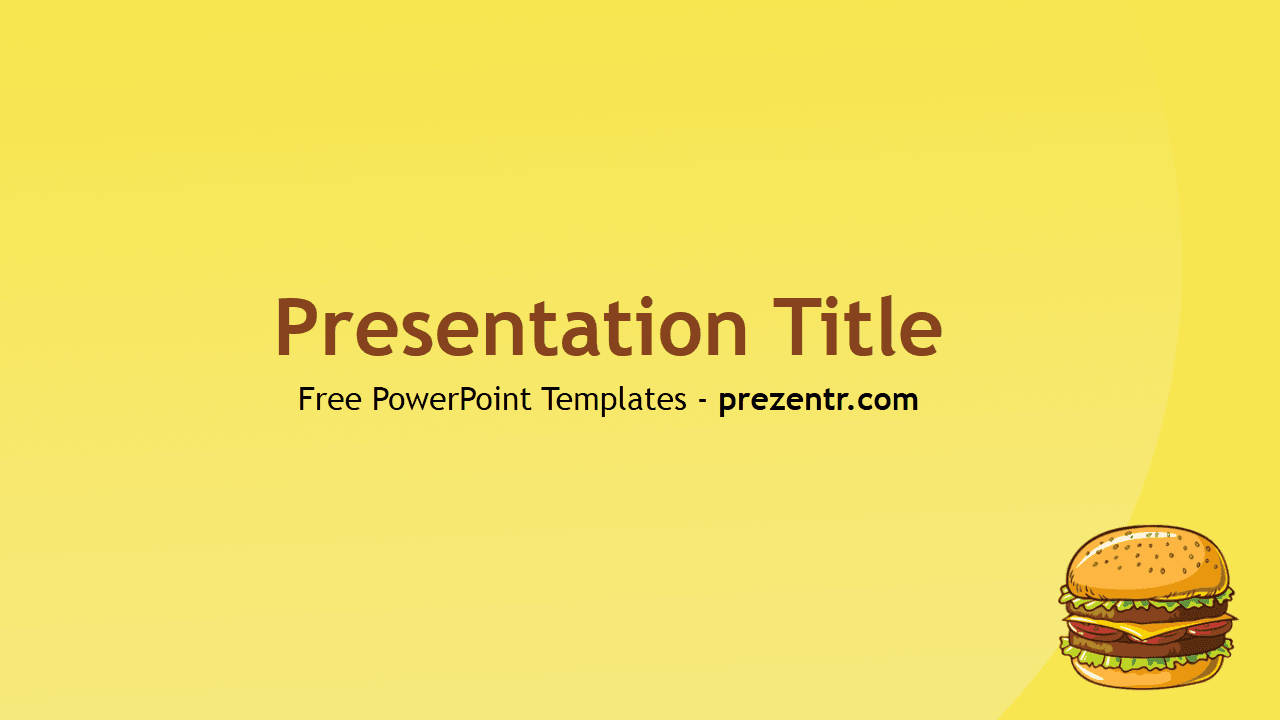Yellow background with maroon title text, burger illustration bottom right, Burger PowerPoint Template cover slide
