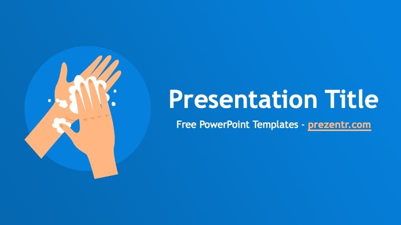 Hand Washing PowerPoint Template cover slide with blue background and illustrated hands clapping