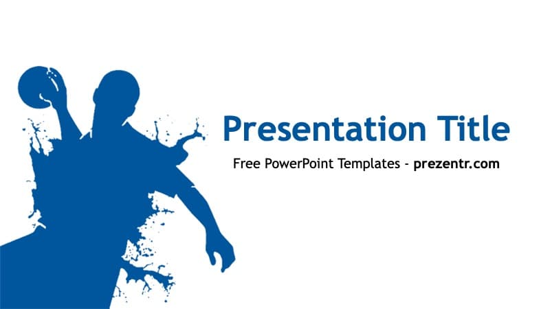 Handball PowerPoint Template cover slide with blue silhouette of player jumping with ball