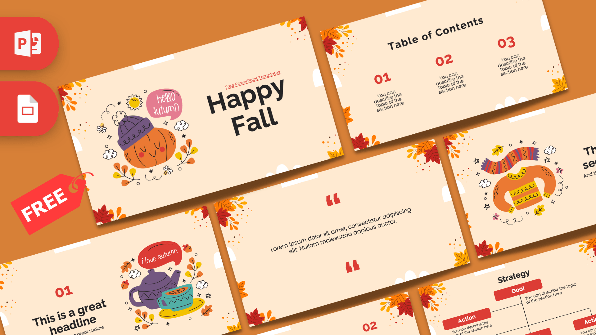 Happy Fall PowerPoint Template cover slide with autumn leaves, pumpkin illustration, and warm orange cream color scheme