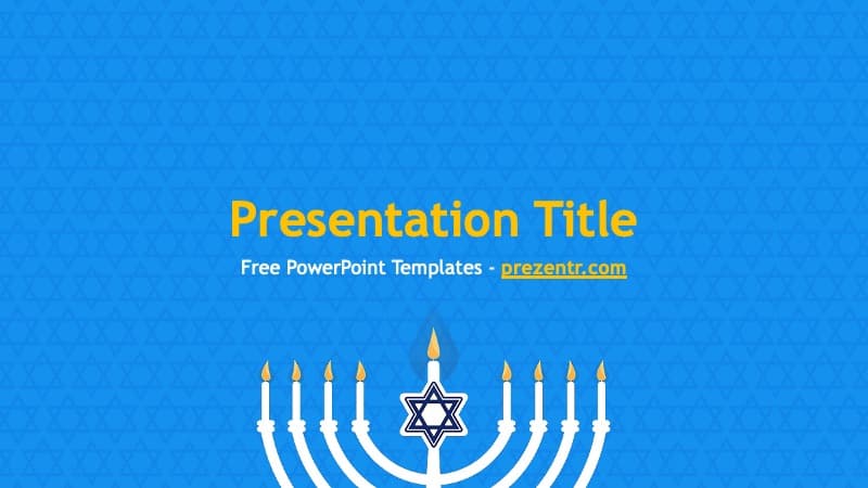 Blue background with white menorah and gold star, yellow "Presentation Title" text - Happy Hanukkah PowerPoint Template