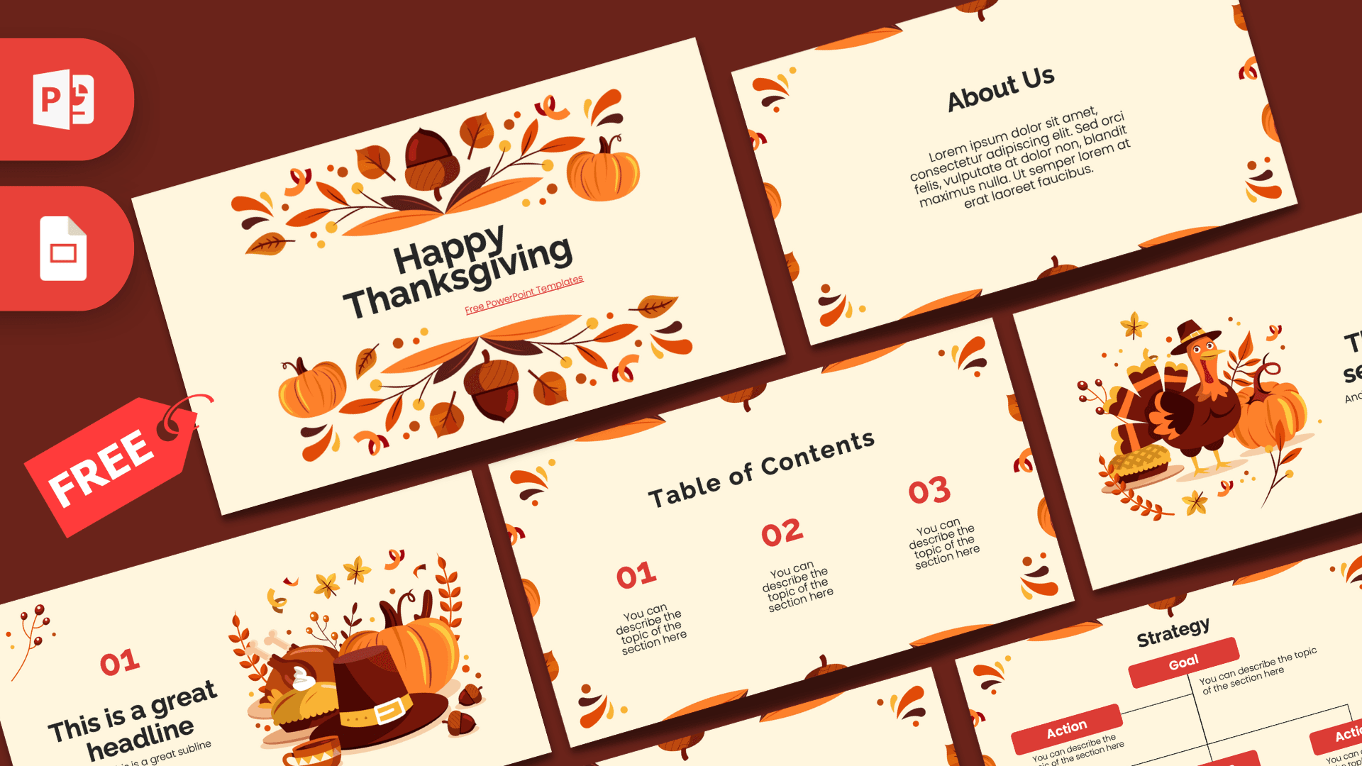 Happy Thanksgiving PowerPoint template cover slide with autumn leaves, pumpkins, and warm orange and brown colors