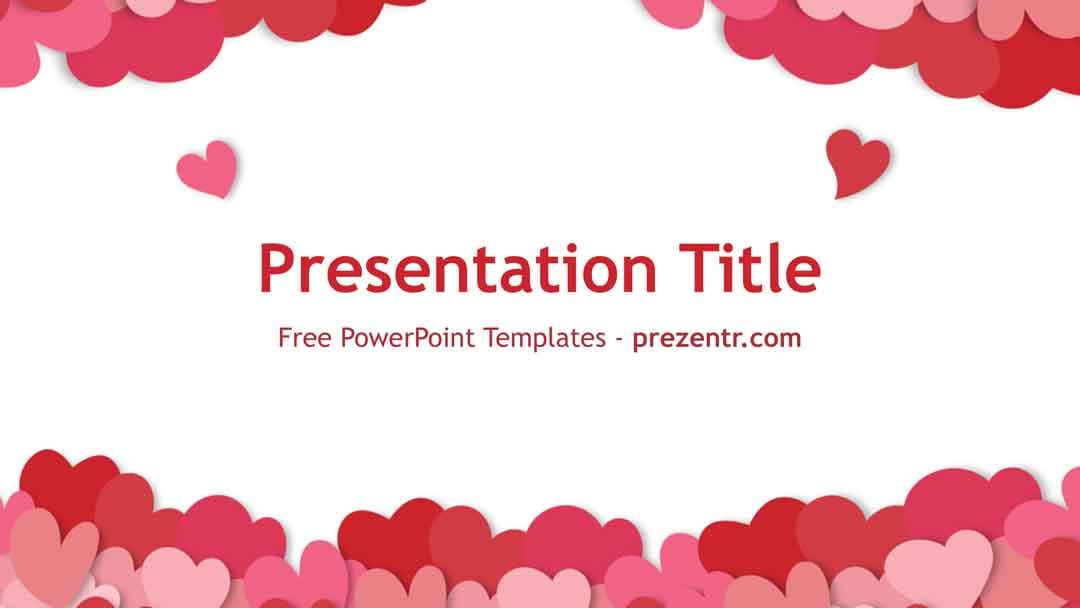 Happy Valentine's Day PowerPoint template cover slide with red and pink hearts and clouds on white background