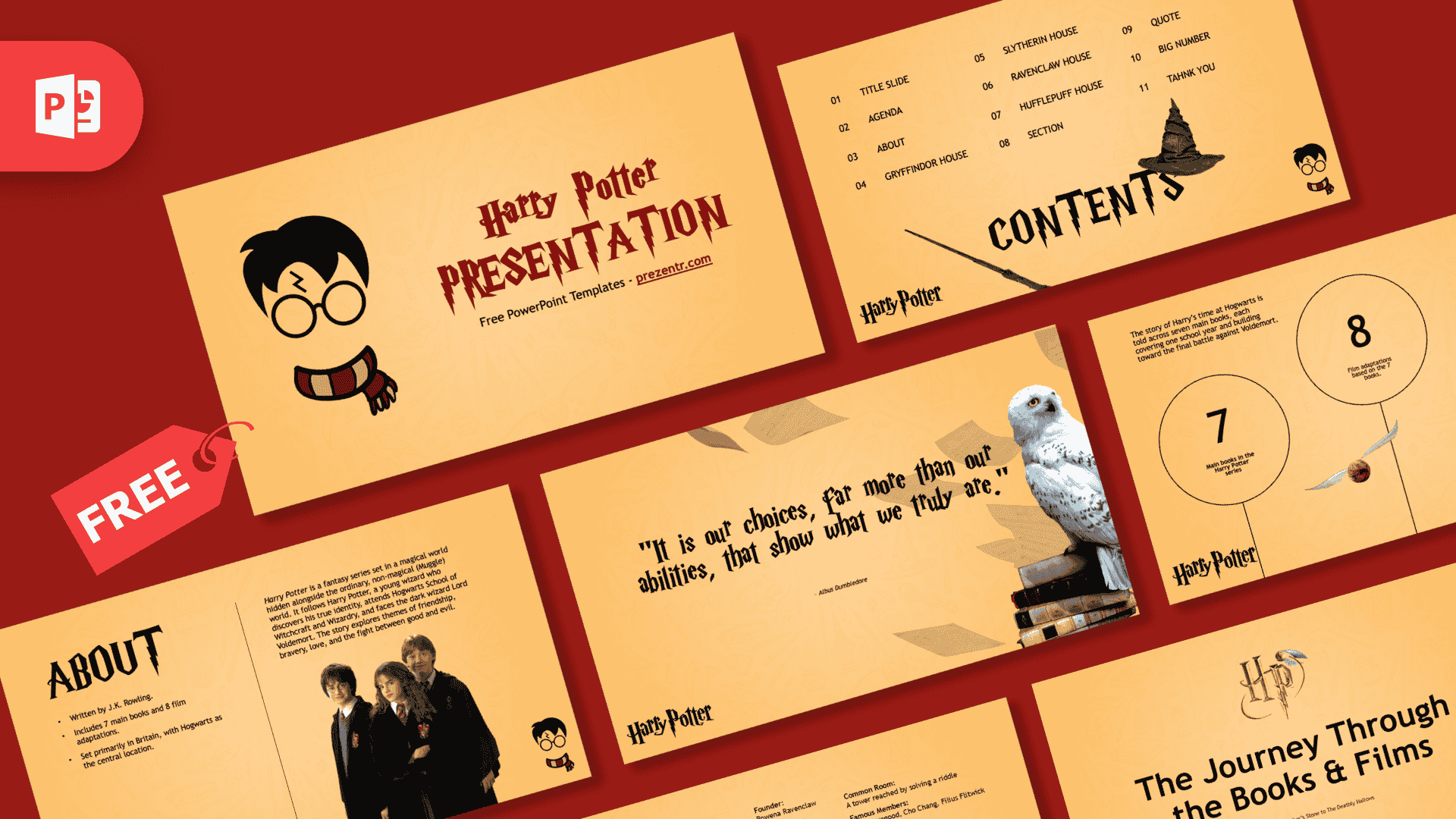 Harry Potter PowerPoint Template cover slide featuring wizard character illustration on cream and burgundy background