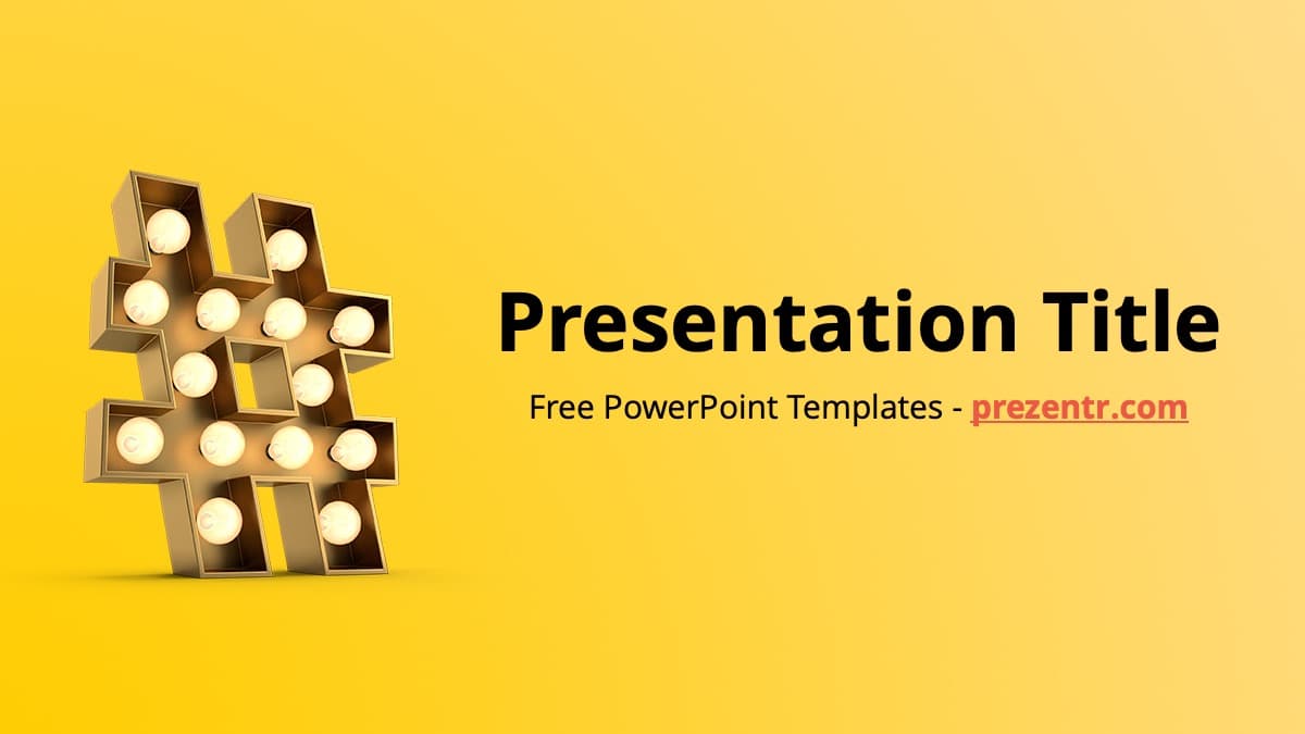 Hashtag PowerPoint Template cover slide with illuminated hashtag sign on yellow background