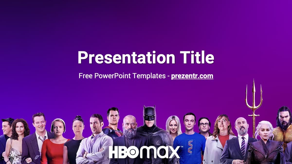 HBO Max PowerPoint template cover slide with purple gradient background and character lineup