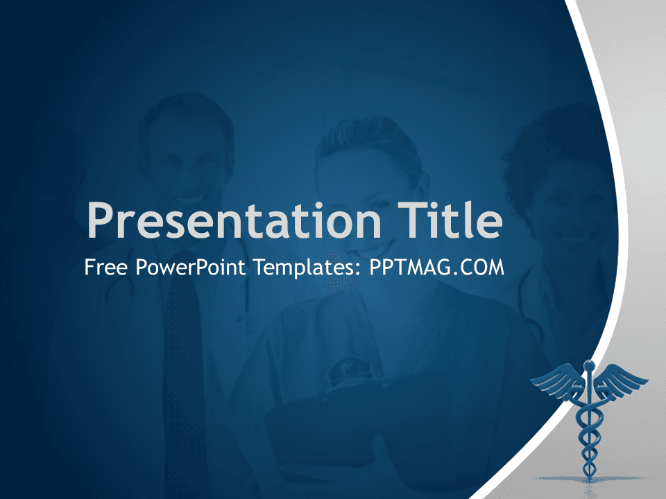 Health Care template cover slide with blue gradient background, medical caduceus symbol, and healthcare professionals