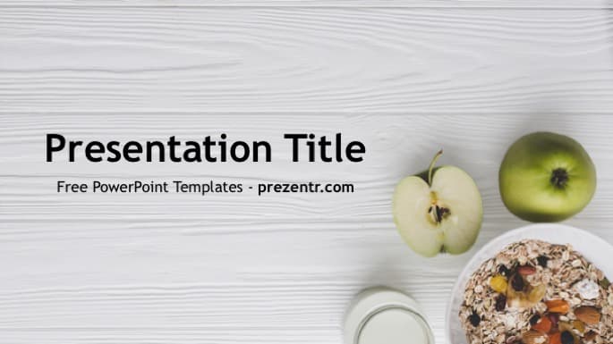 Healthy Food PowerPoint Template cover slide with green apple, milk, and granola on white wood background