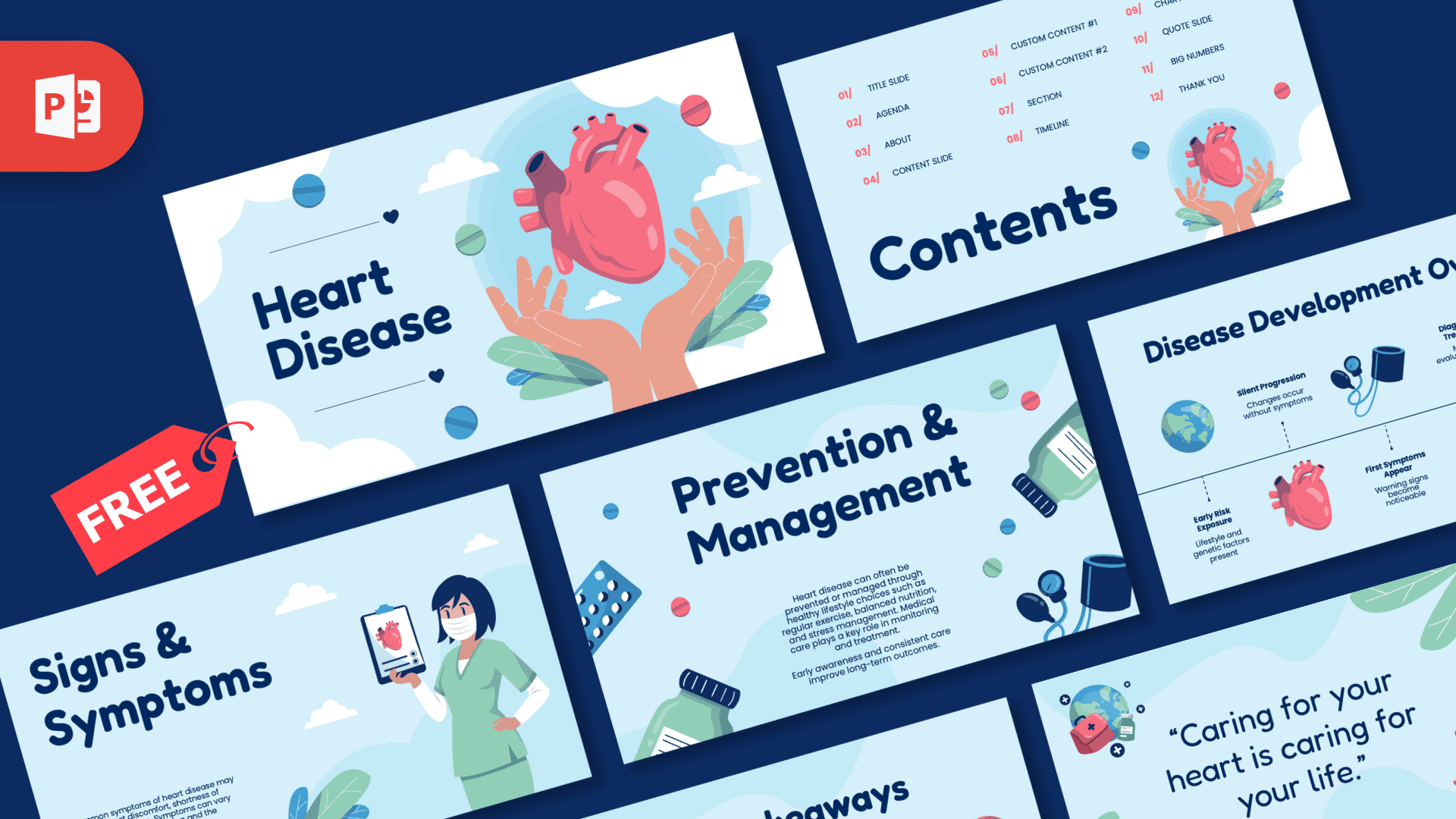 Heart Disease PowerPoint template cover with illustrated red heart, hands, and light blue background