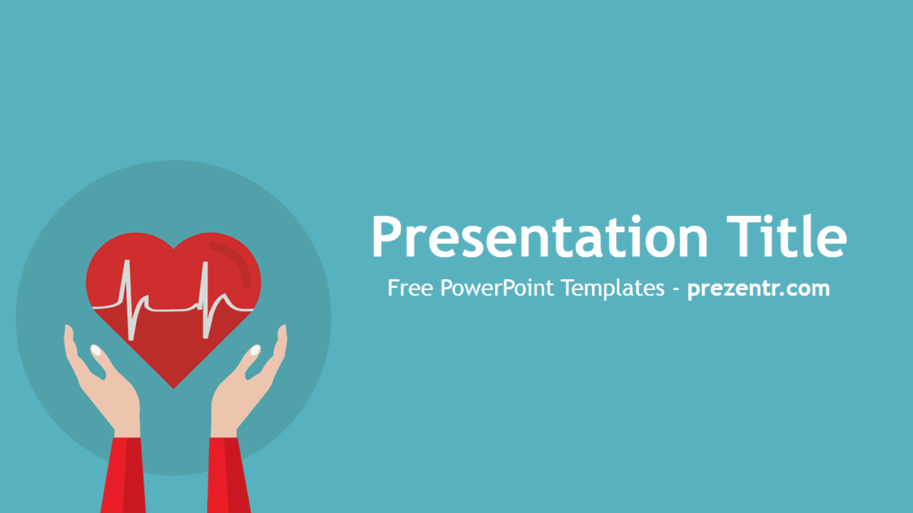 Heart Rate PowerPoint Template cover slide featuring hands holding a red heart with heartbeat line on turquoise background