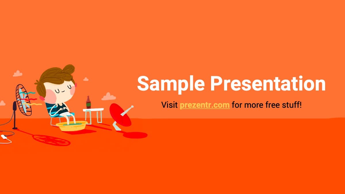 Heatwave PowerPoint template cover slide with orange background, cartoon girl juggling, and presentation title text