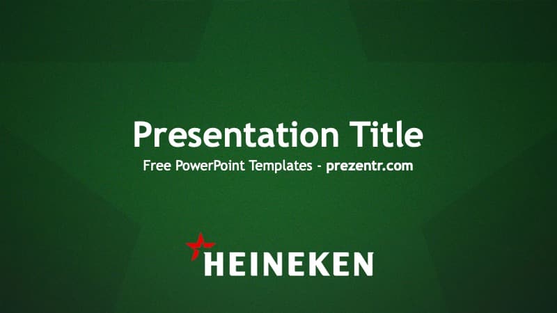 Green Heineken PowerPoint template cover slide with white title text and red star logo on dark green background