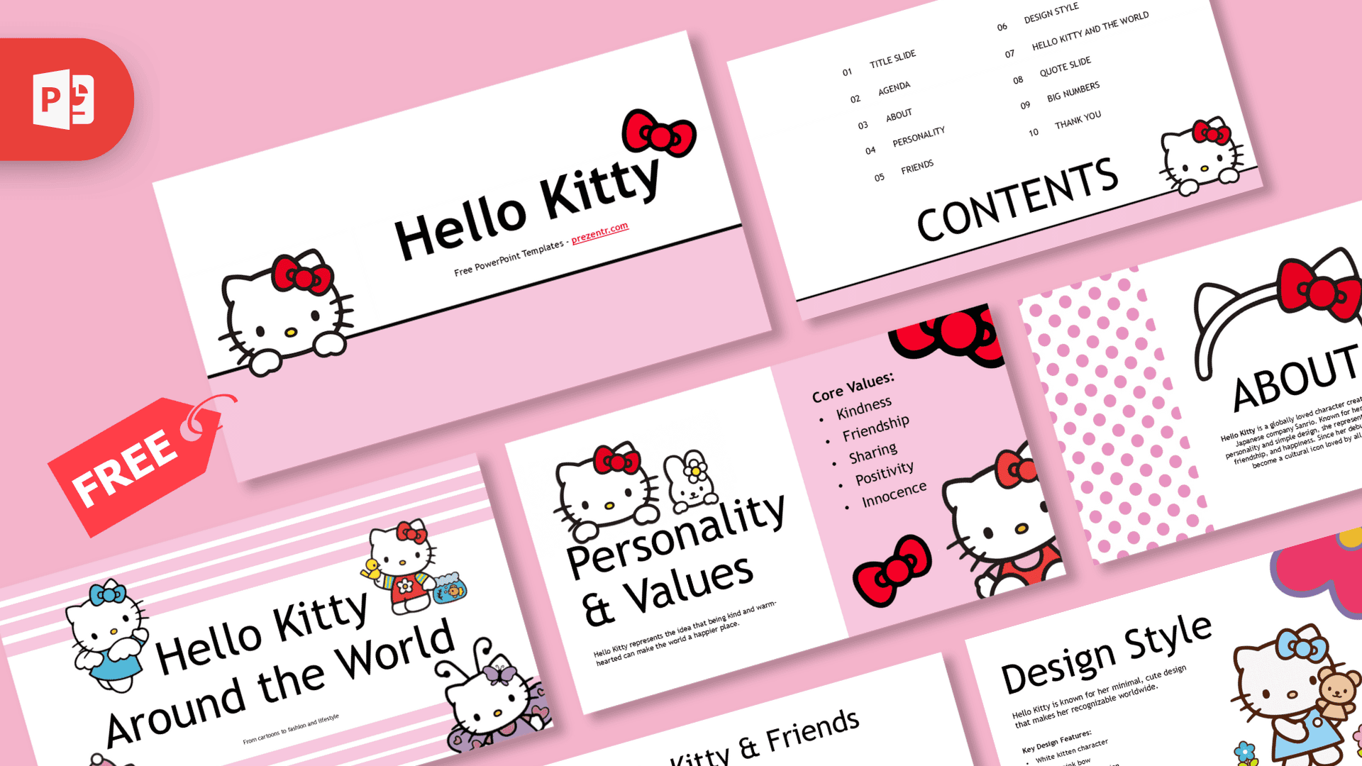 Hello Kitty PowerPoint Template cover slide with pink background and character illustrations