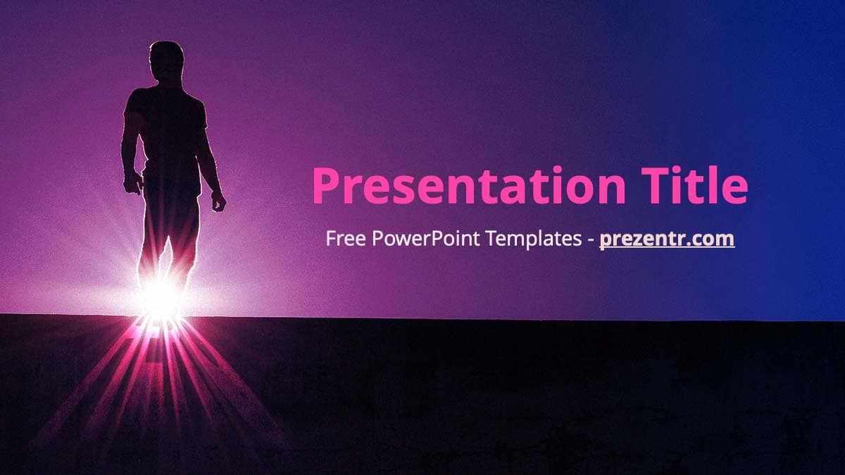 Hero PowerPoint Template cover slide with silhouetted figure and glowing pink-blue gradient background