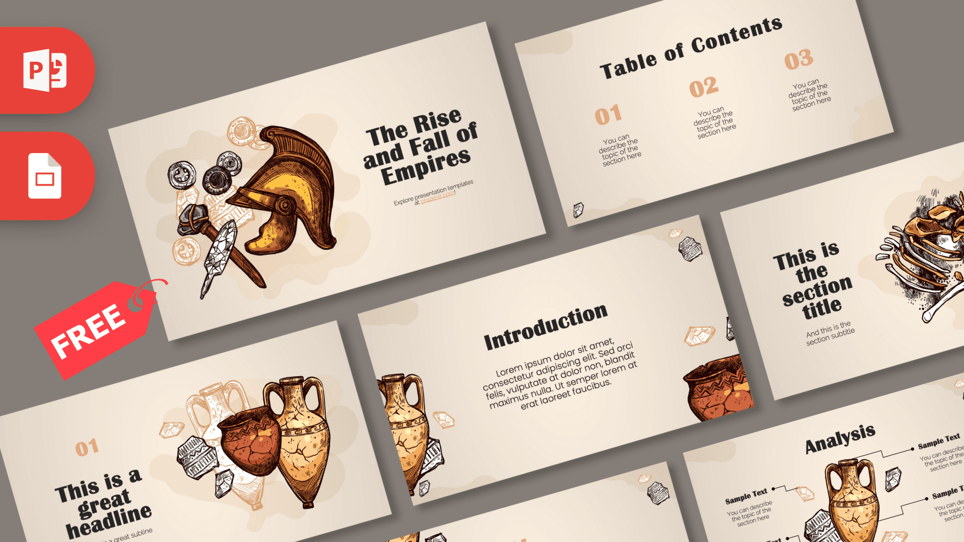 History PowerPoint Template featuring a golden Spartan helmet surrounded by ancient coins and weapons on a beige background