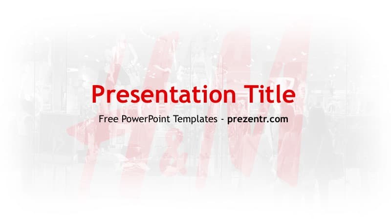 H&M PowerPoint template cover slide with red text, white background, and urban retail imagery