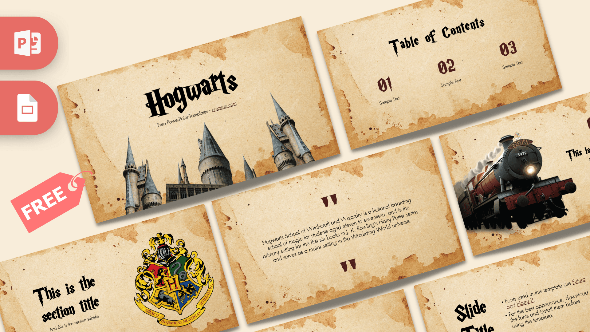 Hogwarts PowerPoint Template cover slide featuring aged parchment background with castle illustration and magical theme