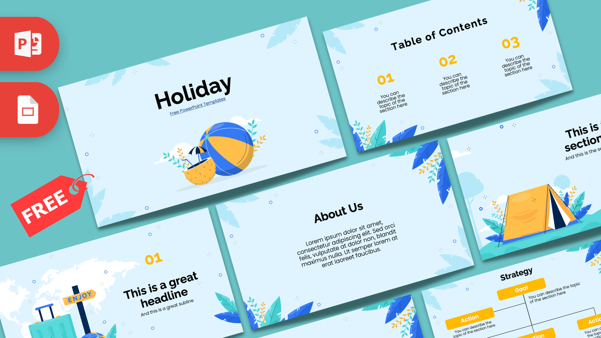 Holiday PowerPoint template cover slide with blue beach ball and turquoise background