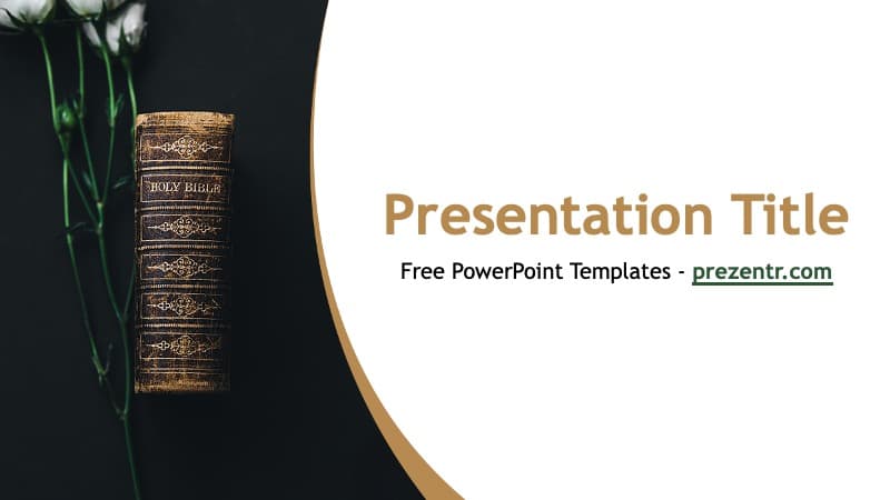 Holy Bible PowerPoint template cover slide with antique book, white flowers, and gold curved design on dark background
