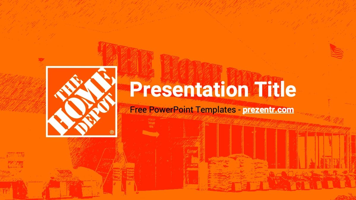 Home Depot PowerPoint Template cover slide with orange background, store image, white logo, and "Presentation Title" text