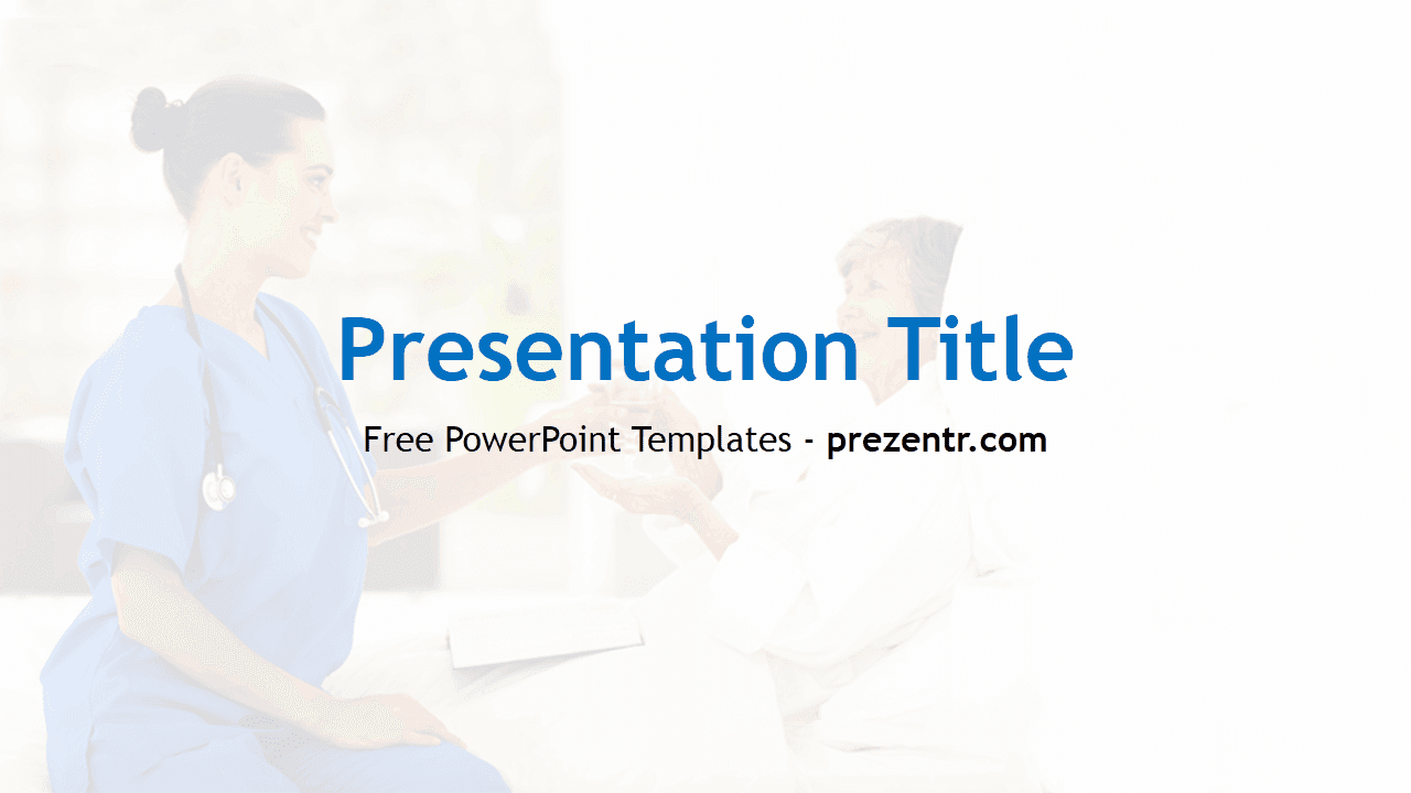 Home Health Care PowerPoint Template cover slide with nurse and patient, blue medical scrubs, light background