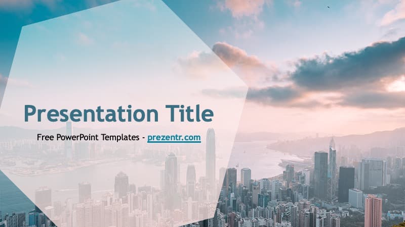 Hong Kong PowerPoint Template cover slide with cityscape and geometric overlay in teal and white