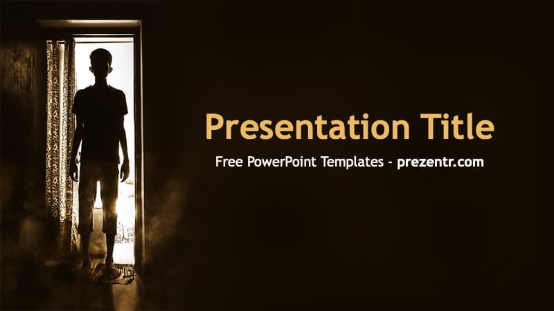 Silhouette of figure standing in doorway with bright light, dark interior, Horror PowerPoint Template cover slide